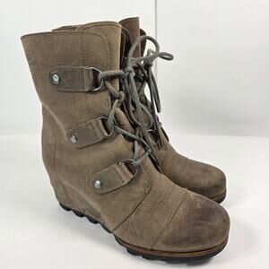 SOREL Joan of Arctic Wedge Brown Leather Mid Ankle Boots Women's Size 9